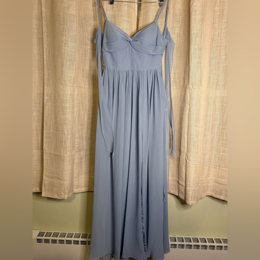 Azazie Zeya Dusty Blue A-Line V-Neck Pleated Chiffon Dress